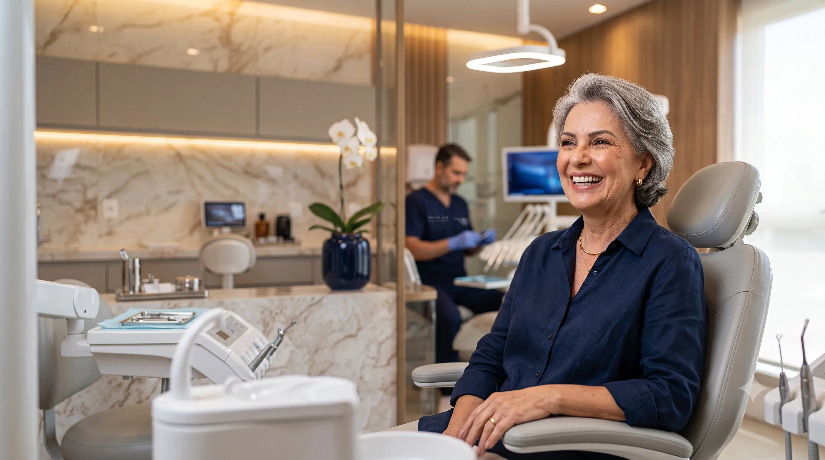 Paciente sorrindo após atendimento odontológico